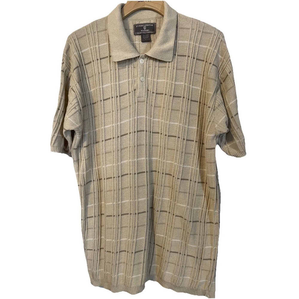 Vtg 80s International Waters Polo Shirt Mens Sz L Ribbed Beige Striped Casual
